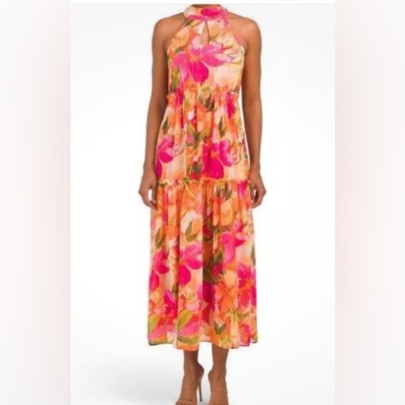 NICOLE MILLER  floral sleeveless halter dress, XL, sheer,chiffon,lined,tiered. - Picture 1 of 15
